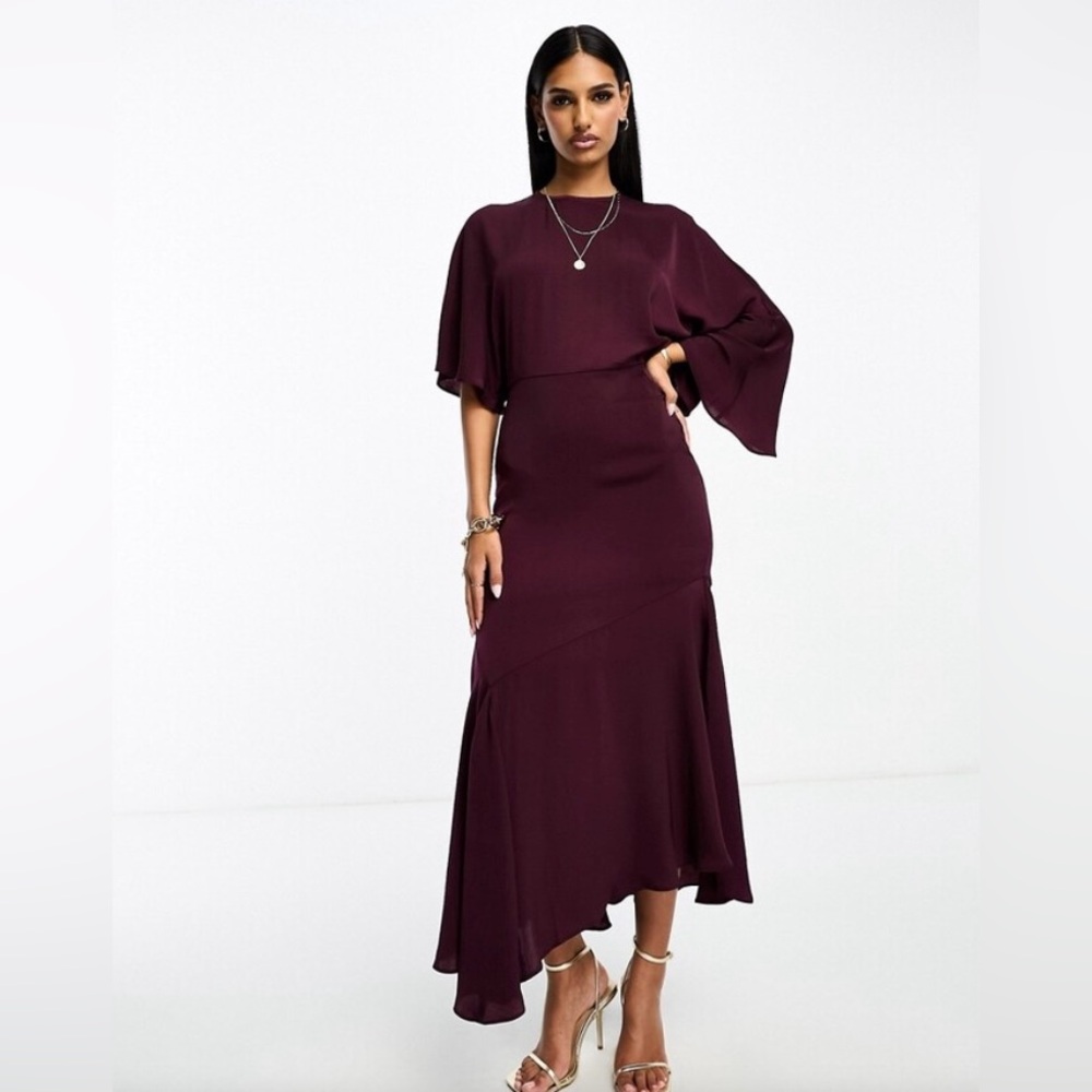 ASOS DESIGN Satin Flutter Sleeve Asymmetric Hem MIDI Dress in Oxblood 💋